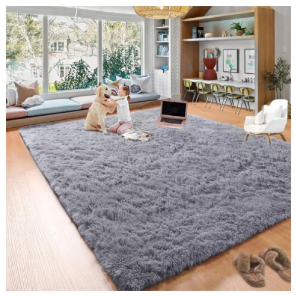(160cm x 230cm (5ft 4in x 7ft 8in), Grey) Non-Slip Fluffy Long Pile Rug for Living Room and Hallway
